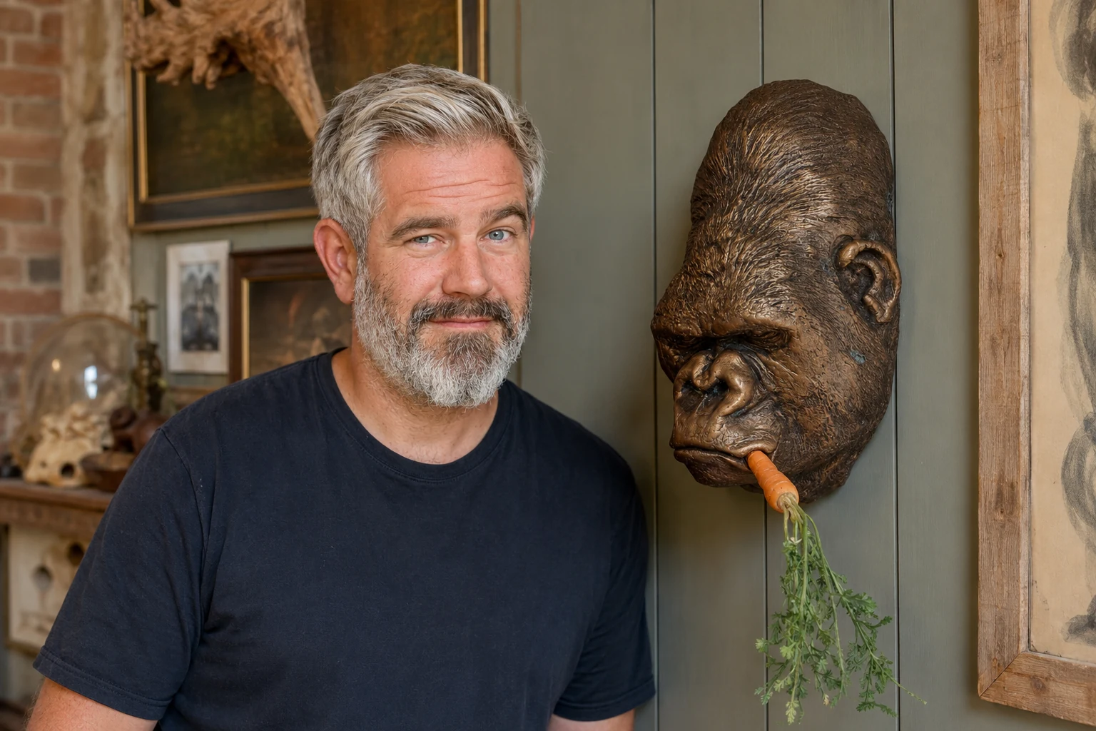 Benjamin neben einem Gorillakopf mit Karotte