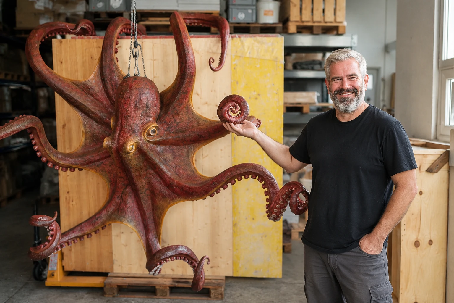Benjamin mit seiner monumentalen Oktopus-Skulptur